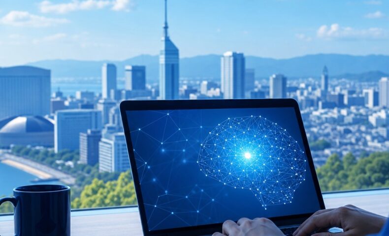 福岡の生成AI検索からの流入を増やす戦略を表す、ノートパソコンに表示された検索画面と福岡の街並み