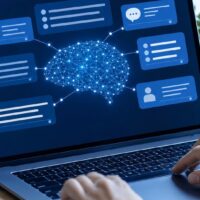 AIO 引用される コンテンツ 作り方を示す、AI検索と記事設計をイメージしたノートパソコン画面