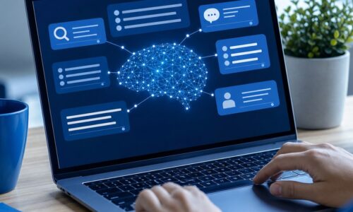 AIO 引用される コンテンツ 作り方を示す、AI検索と記事設計をイメージしたノートパソコン画面