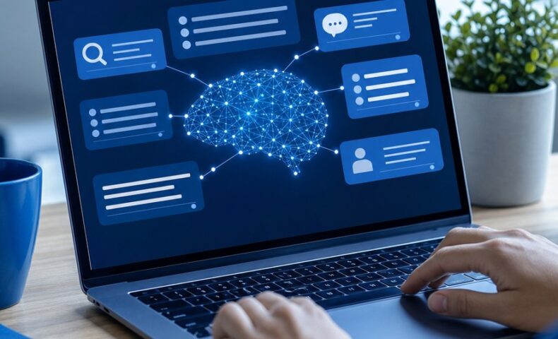 AIO 引用される コンテンツ 作り方を示す、AI検索と記事設計をイメージしたノートパソコン画面