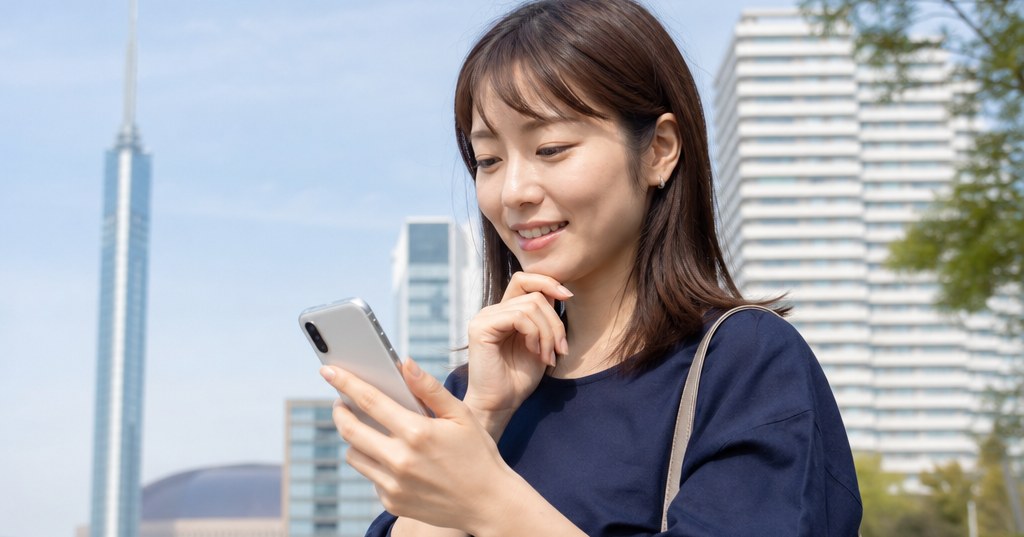 福岡 AI検索 口コミを調べるスマートフォンと福岡の街並み