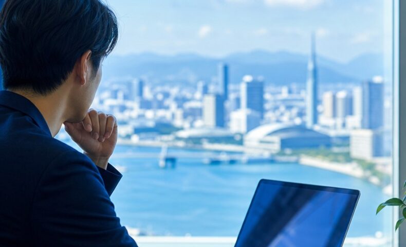 福岡の店舗や施設が生成AI回答に引用されるための情報発信を示すパソコン画面と福岡の街並み