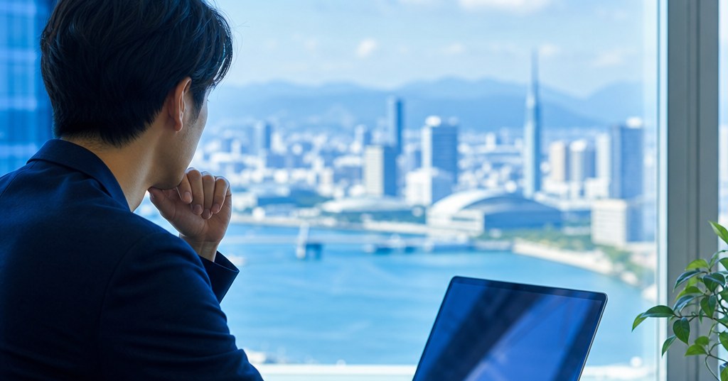 福岡の店舗や施設が生成AI回答に引用されるための情報発信を示すパソコン画面と福岡の街並み