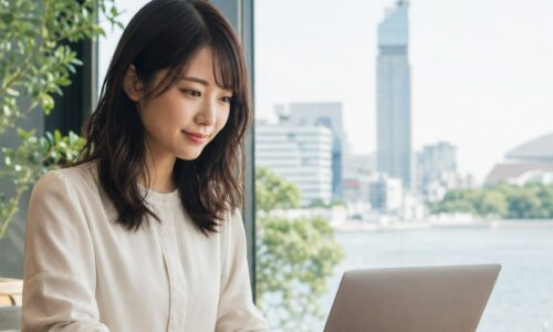 福岡 AI検索 ブログの攻略法を調べるブログ運営者とノートパソコン