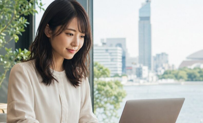 福岡 AI検索 ブログの攻略法を調べるブログ運営者とノートパソコン