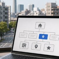 福岡の店舗サイトにおけるパンくずリストSEOの正しい設計を示すウェブサイト構造のイメージ