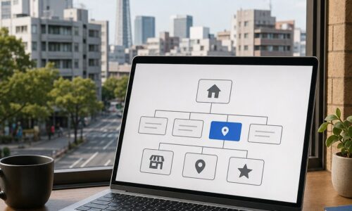 福岡の店舗サイトにおけるパンくずリストSEOの正しい設計を示すウェブサイト構造のイメージ