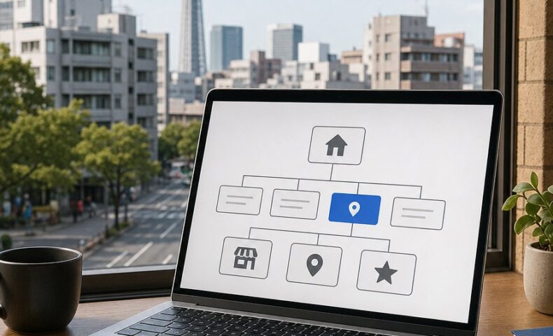 福岡の店舗サイトにおけるパンくずリストSEOの正しい設計を示すウェブサイト構造のイメージ