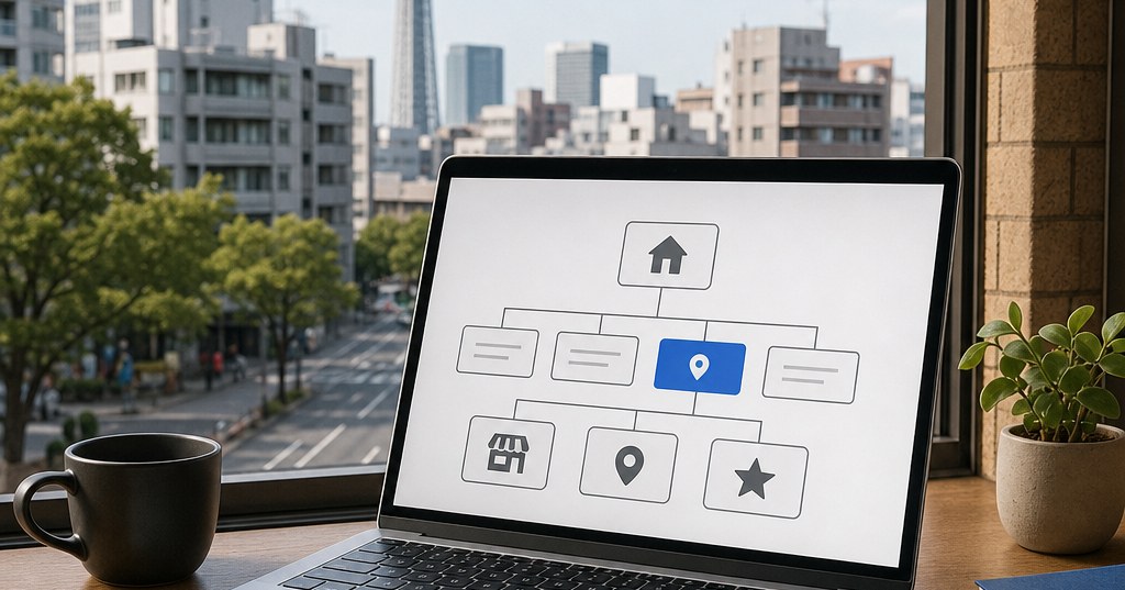 福岡の店舗サイトにおけるパンくずリストSEOの正しい設計を示すウェブサイト構造のイメージ