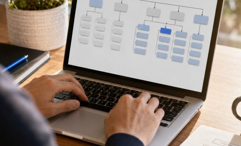 福岡 カテゴリ設計 SEOを意識した地域ビジネスサイトの構造を示すパソコン画面とカテゴリ整理のイメージ