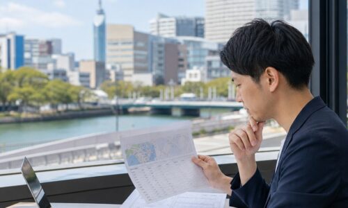 福岡 比較ページ SEOの設計を示す、福岡の地域情報とサービス比較表を確認するマーケティング担当者