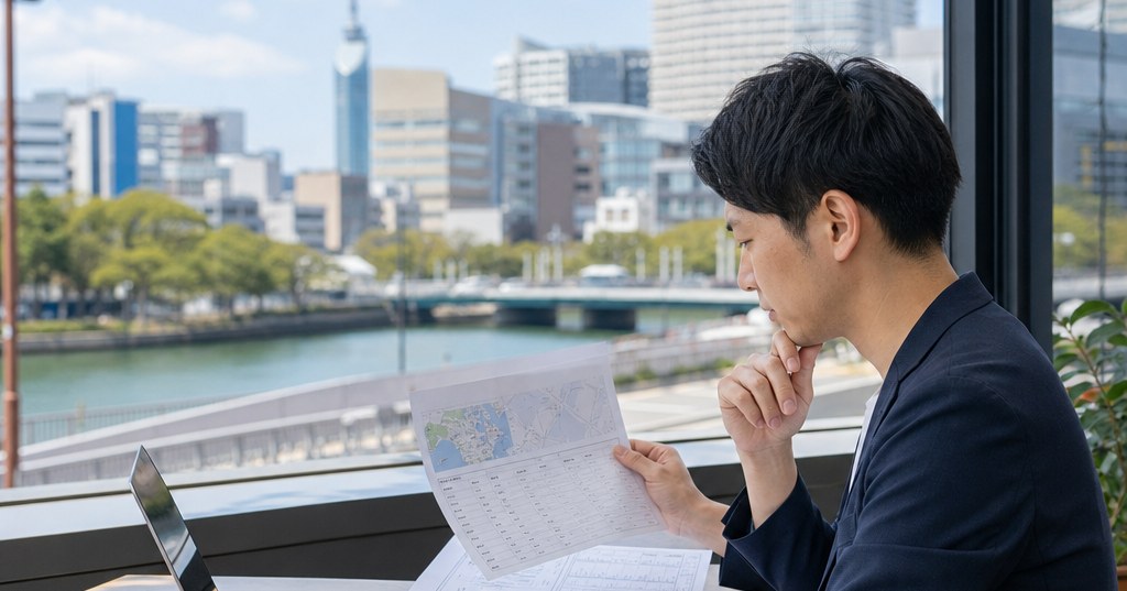 福岡 比較ページ SEOの設計を示す、福岡の地域情報とサービス比較表を確認するマーケティング担当者