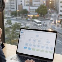 福岡 内部リンク 改善の設計図を確認するSEO担当者のノートパソコン画面とサイト構造図