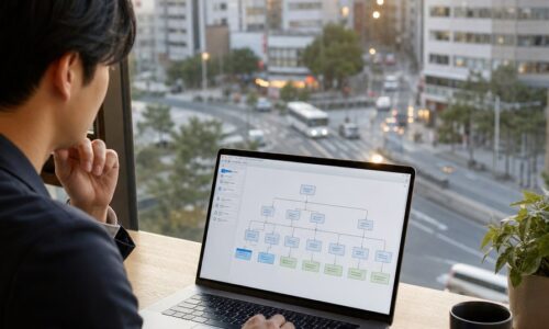 福岡 内部リンク 改善の設計図を確認するSEO担当者のノートパソコン画面とサイト構造図