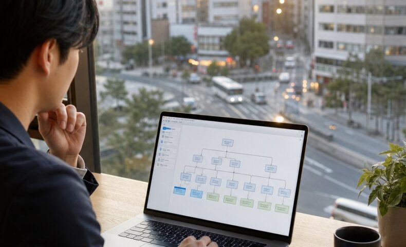 福岡 内部リンク 改善の設計図を確認するSEO担当者のノートパソコン画面とサイト構造図