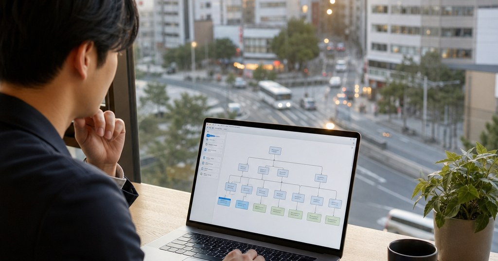 福岡 内部リンク 改善の設計図を確認するSEO担当者のノートパソコン画面とサイト構造図