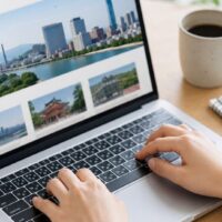 福岡のSEOでよくある質問を確認する初心者が、ノートパソコンでホームページの検索対策や地域SEOの基礎を学んでいる様子