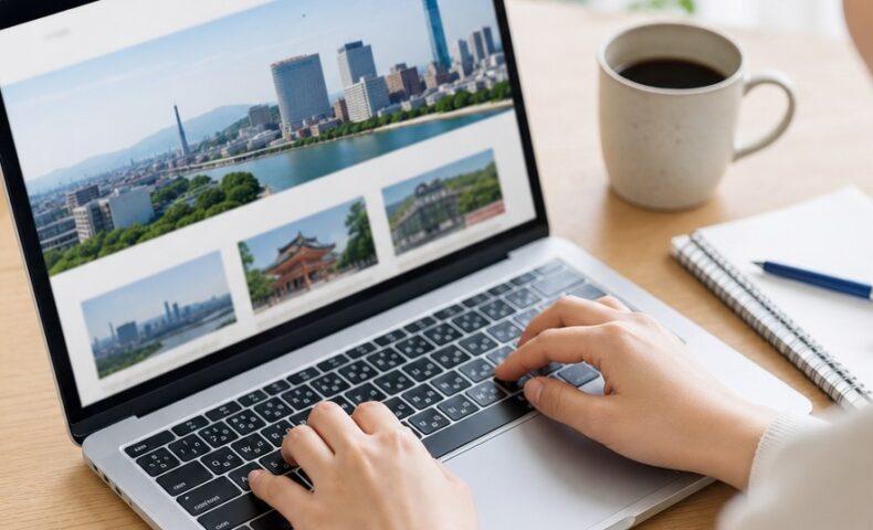 福岡のSEOでよくある質問を確認する初心者が、ノートパソコンでホームページの検索対策や地域SEOの基礎を学んでいる様子