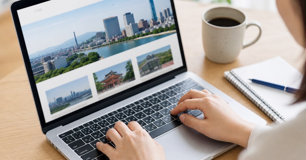 福岡のSEOでよくある質問を確認する初心者が、ノートパソコンでホームページの検索対策や地域SEOの基礎を学んでいる様子