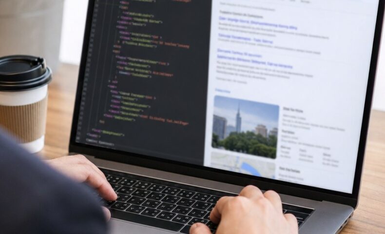 福岡の企業サイトに構造化データを実装する方法を示す、パソコン画面と検索結果のイメージ