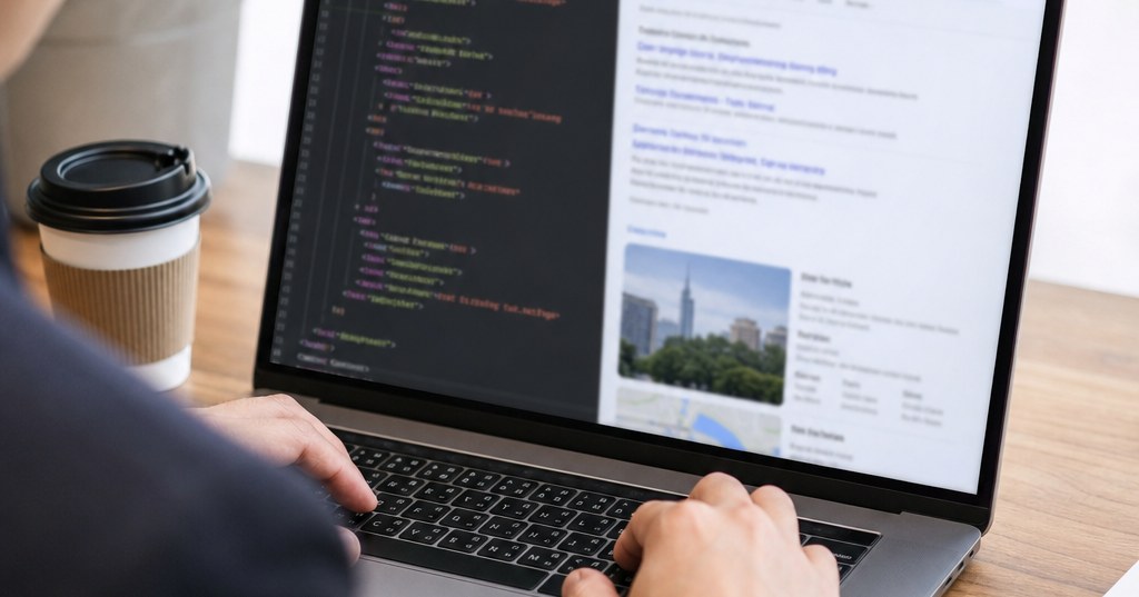 福岡の企業サイトに構造化データを実装する方法を示す、パソコン画面と検索結果のイメージ