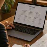 福岡 トピッククラスターの設計イメージ。地域密着サイトのSEO構造を整理するノートパソコンとWebサイト構成図