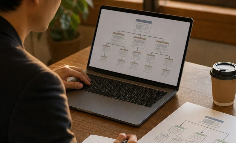 福岡 トピッククラスターの設計イメージ。地域密着サイトのSEO構造を整理するノートパソコンとWebサイト構成図