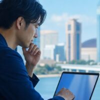 福岡 ChatGPT検索 表示の対策を確認する店舗経営者とノートパソコンの画面
