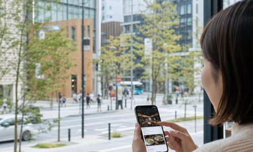福岡の街並みと店舗情報を表示したスマートフォンによるChatGPT検索のイメージ