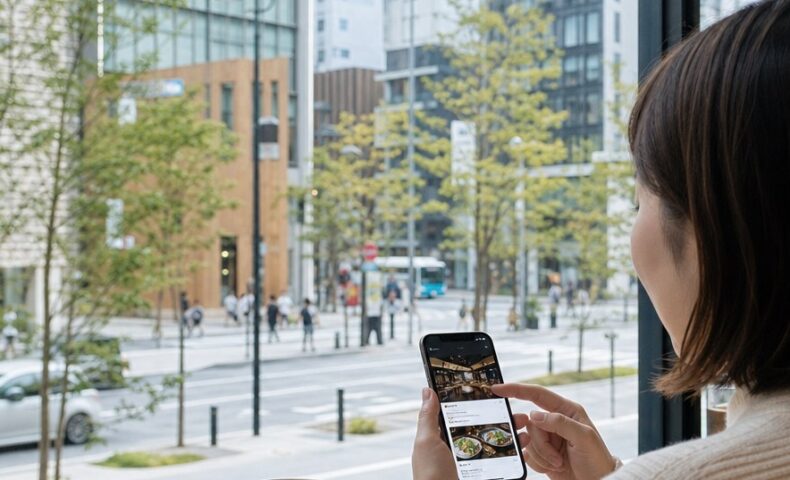 福岡の街並みと店舗情報を表示したスマートフォンによるChatGPT検索のイメージ