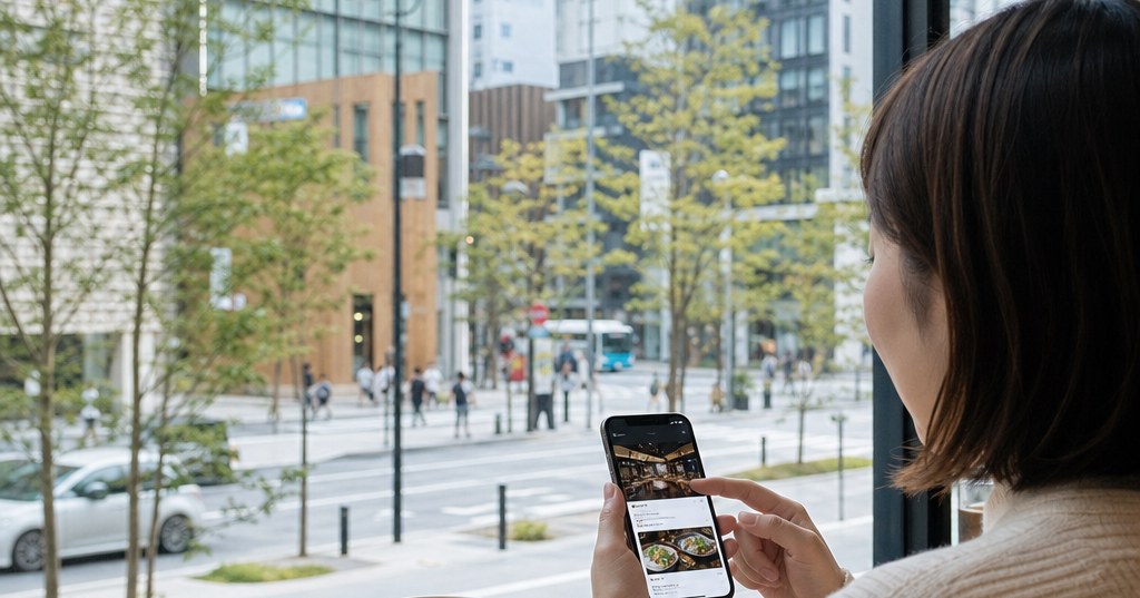 福岡の街並みと店舗情報を表示したスマートフォンによるChatGPT検索のイメージ