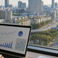 福岡 エンティティSEOを表現する、福岡の街並みと検索データを分析するデジタルマーケティングのイメージ