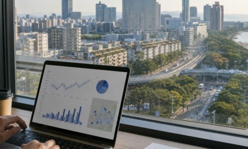 福岡 エンティティSEOを表現する、福岡の街並みと検索データを分析するデジタルマーケティングのイメージ