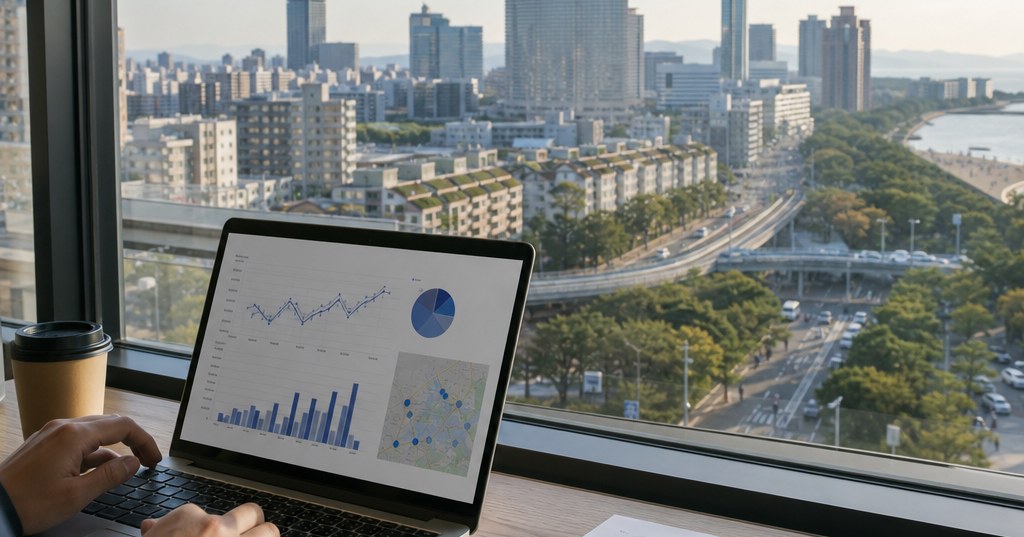 福岡 エンティティSEOを表現する、福岡の街並みと検索データを分析するデジタルマーケティングのイメージ