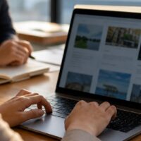 福岡 LLMO ブログ設計を考えるマーケティング担当者とノートパソコンの画面