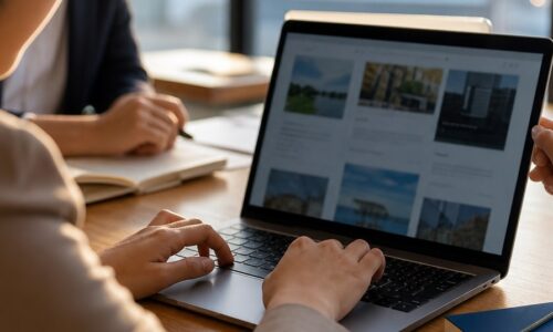 福岡 LLMO ブログ設計を考えるマーケティング担当者とノートパソコンの画面