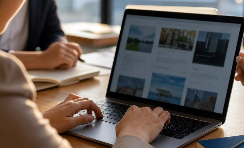 福岡 LLMO ブログ設計を考えるマーケティング担当者とノートパソコンの画面