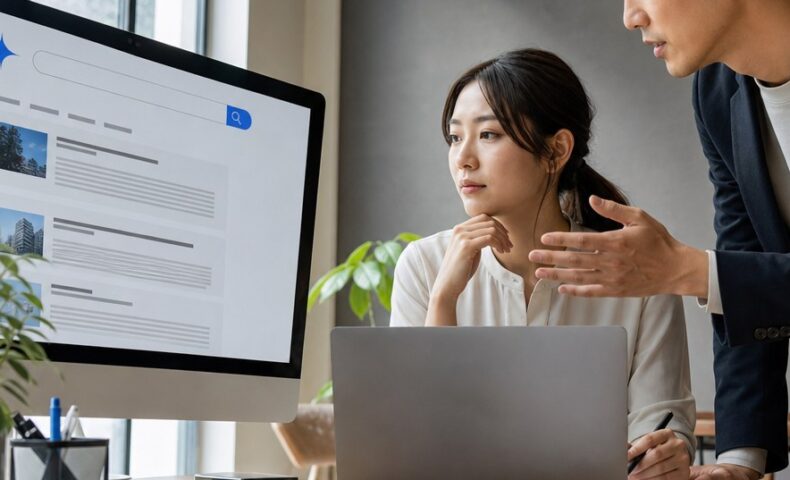 福岡 Gemini検索 表示を目指してSEO戦略を検討するWeb担当者と検索画面