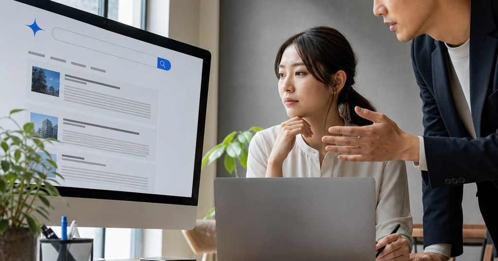 福岡 Gemini検索 表示を目指してSEO戦略を検討するWeb担当者と検索画面