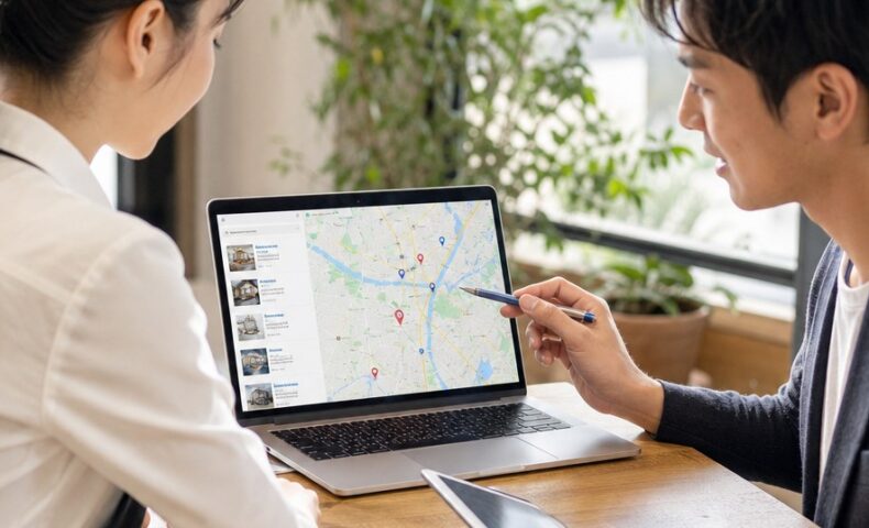 福岡 サイテーション構築の基本と進め方を示す、店舗情報と地図検索を確認するイメージ画像