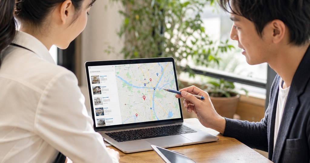 福岡 サイテーション構築の基本と進め方を示す、店舗情報と地図検索を確認するイメージ画像