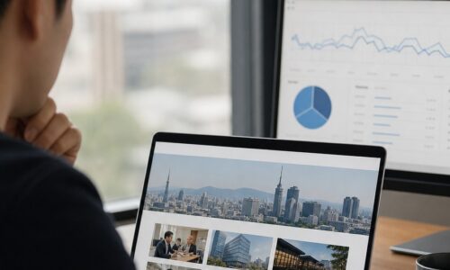 福岡の地域企業を紹介する実績ページとSEO分析画面を示すイメージ
