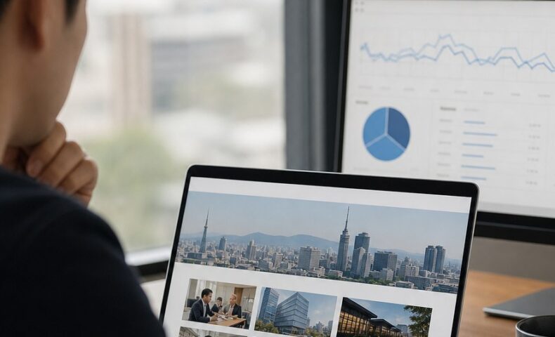福岡の地域企業を紹介する実績ページとSEO分析画面を示すイメージ