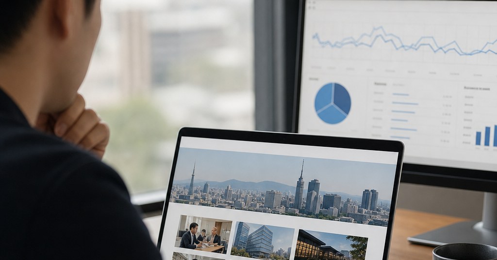 福岡の地域企業を紹介する実績ページとSEO分析画面を示すイメージ