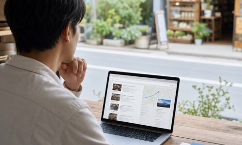 福岡でGemini検索に表示されない原因を確認するため、パソコン画面の検索結果とチェック項目を見ている様子