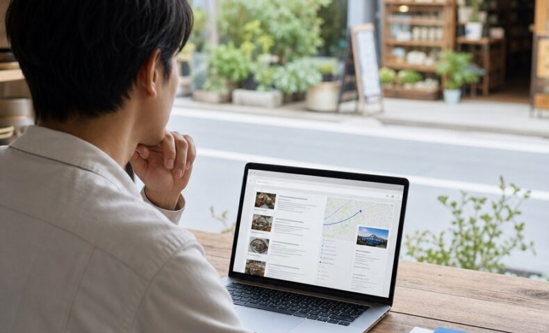 福岡でGemini検索に表示されない原因を確認するため、パソコン画面の検索結果とチェック項目を見ている様子