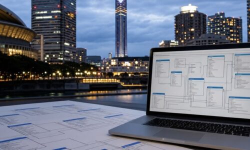 福岡のエンティティ設計を学ぶためのデータベース設計図と関連するテーブル構造のイメージ