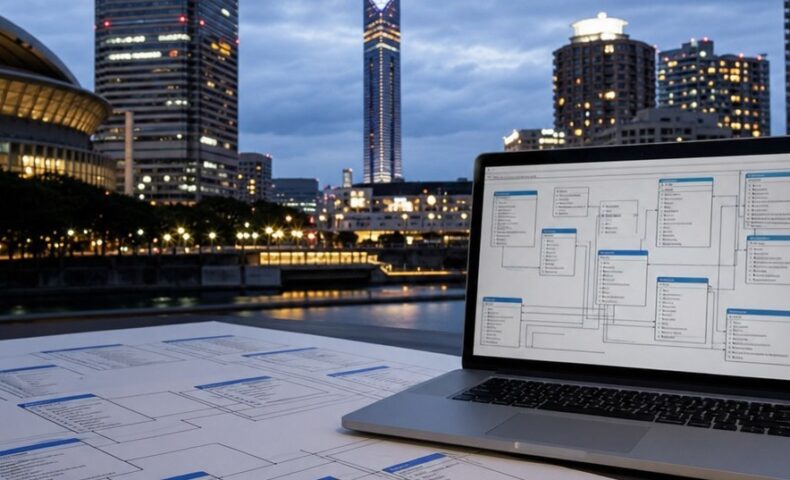 福岡のエンティティ設計を学ぶためのデータベース設計図と関連するテーブル構造のイメージ