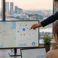 福岡 エンティティSEOの地域と検索意図を示す、福岡の街並みとデジタルマーケティング分析画面
