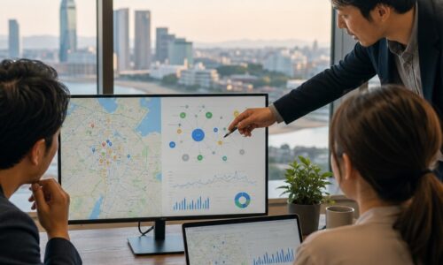 福岡 エンティティSEOの地域と検索意図を示す、福岡の街並みとデジタルマーケティング分析画面